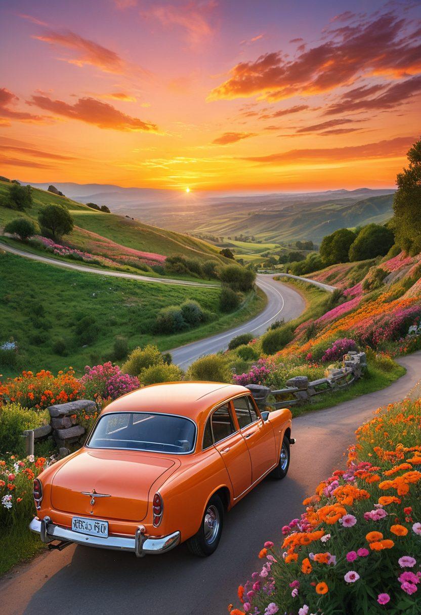 A scenic landscape featuring a winding road through lush green hills, dotted with vibrant wildflowers. Include a vintage car parked at a viewpoint, with a sunset casting warm hues across the sky. In the foreground, showcase cultural symbols like a local market stall and traditional crafts to represent cultural escapes. The scene should evoke a sense of adventure and relaxation, perfect for getaway inspiration. super-realistic. vibrant colors. sunset background.