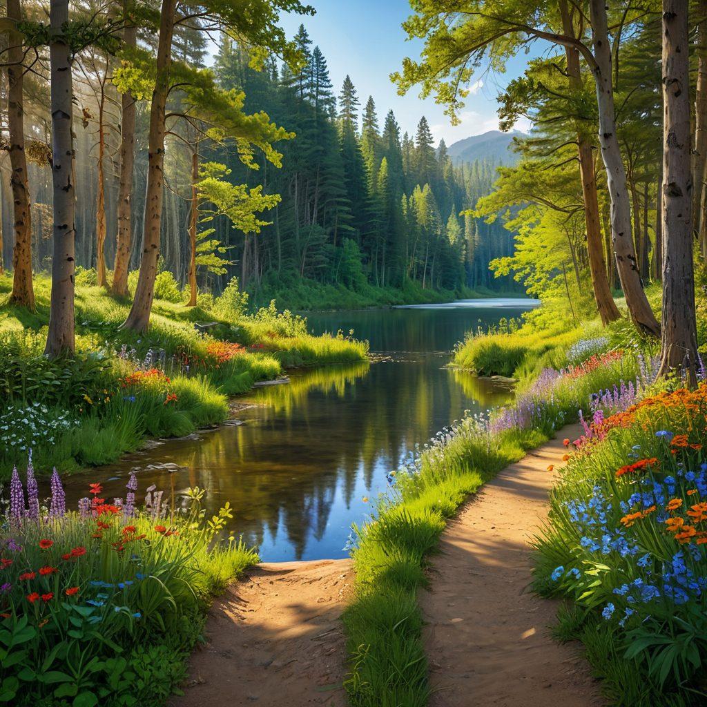 A serene landscape featuring a sunlit path through a lush forest, leading to a tranquil lake with colorful wildflowers blooming along the edges, symbolizing joy and bliss. In the background, a vibrant rainbow arches over the scene, while people of diverse backgrounds joyfully engage in various outdoor activities, radiating smiles and satisfaction. The overall atmosphere exudes warmth and happiness. super-realistic. vibrant colors. bright, cheerful mood.